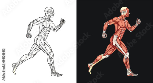 Detailed anatomical illustration of a male runner showing muscles and bones in outline and colored views.