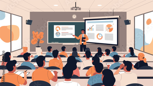 Professional educator delivering a data-rich presentation with charts and graphs to a large classroom audience.