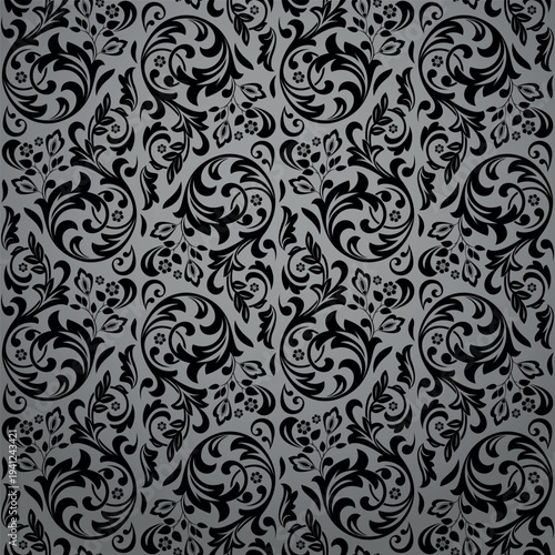 Flower pattern. Seamless gray and black ornament. Graphic vector background