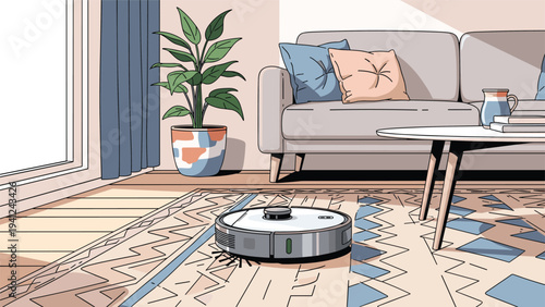 Smart robotic vacuum cleaner cleaning a patterned rug in a modern living room filled with natural sunlight.