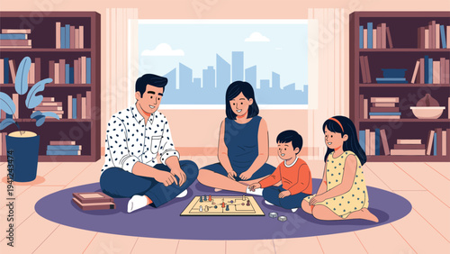 Happy family sitting on a purple rug in their library playing a fun board game together on a weekend morning.