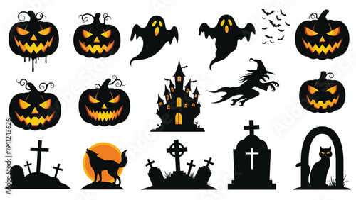 Set of black silhouette Halloween icons including spooky jack-o-lantern pumpkins, flying ghosts, a witch on a broomstick, a haunted castle, and a cat.