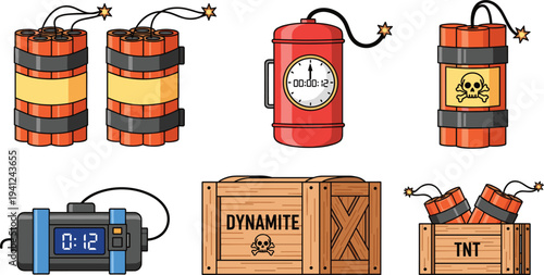 Explosive Dynamite and Time Bomb Vector Set Featuring TNT Bundles, Wooden Crates, and Digital Timers for Action and Danger Concepts