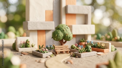 Colorful Clay Model of a Garden with Tree Clay Model Garden Tree Flowers Bench Colorful Art. Concept featuring clay model, garden, tree, flowers, bench for professional commercial design.