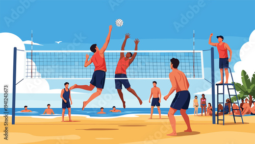 Group of energetic young people playing a game of beach volleyball on the sand during a bright sunny day with the ocean and palm trees in the background.