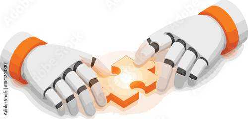 Two Minimalist White 3D Robot Hands Assembling Glowing Orange Puzzle Piece Isometric Vector