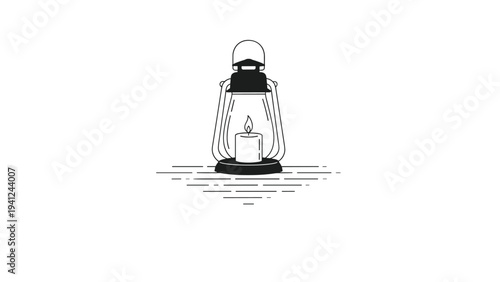 Simple black and white line drawing of a traditional storm lantern with a lit candle inside casting light on a surface against a plain white background.