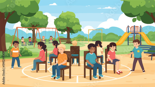 Diverse group of young children playing the classic game of musical chairs in a sunny playground surrounded by trees and colorful equipment.