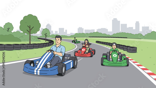 People of different ages driving colorful go-karts around a curved asphalt racing track with a city skyline and green trees in the background.