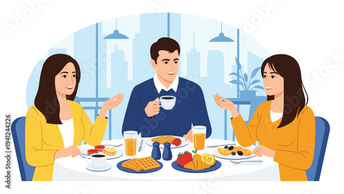 Three friends enjoy a healthy breakfast of waffles, fruit, and coffee while chatting at a table in a bright modern cafe with a city view.