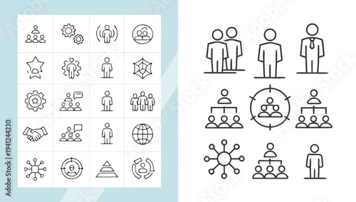 People, community and social network icons. Business team, management, user avatar, human resources, family and crowd vector line icon set. Editable stroke.