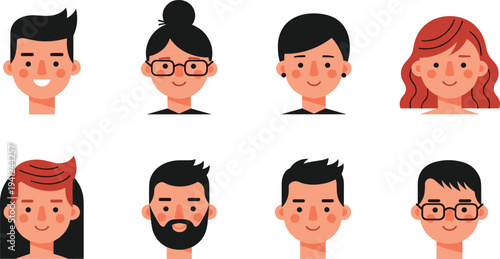 Cute People Avatar Faces Set with Friendly Men and Women Characters for User Profile Pictures, Social Media Profiles, and Website UI Icons.