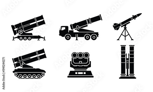 Missile Launcher and Rocket Defense System Military Weapon Silhouette Icon Set Vector