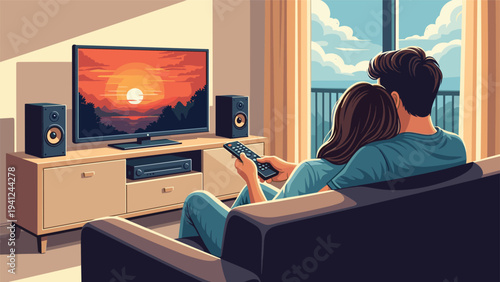 Young couple sits together on a sofa in their living room watching a beautiful sunset scene on a large flat screen television during the evening.