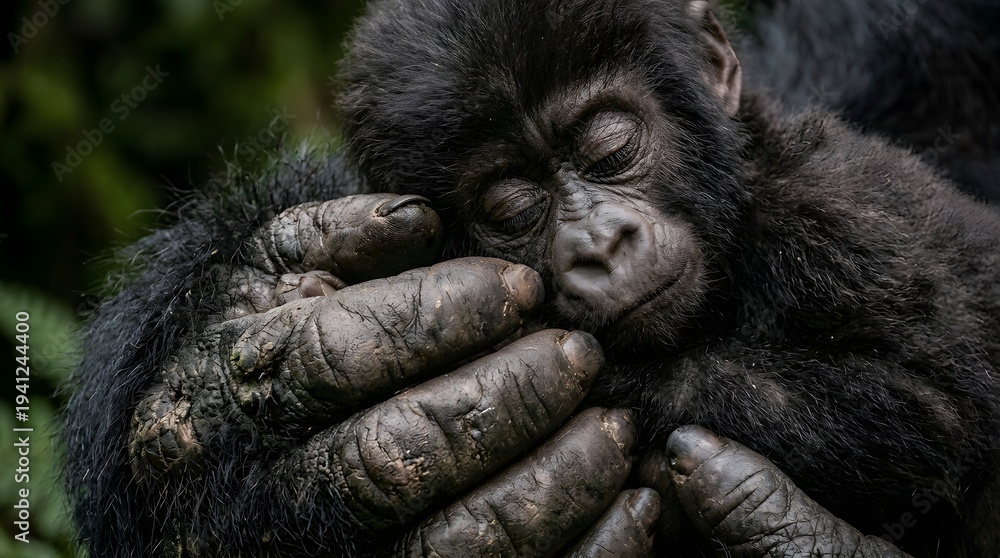 Obraz premium Close-up of a baby gorilla sleeping in the forest