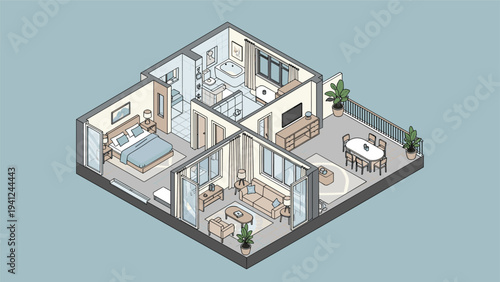 Detailed isometric 3D floor plan of a modern two bedroom apartment showing the layout of the living room, kitchen, bathrooms, and balcony.