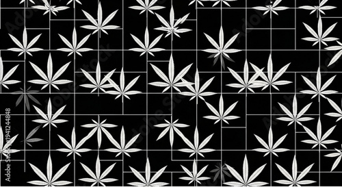 Cannabis leaves pattern on black background with grid lines marijuana symbol texture