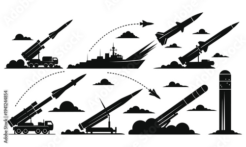 Missile Launch and Rocket Attack Military Silhouette Icon Set Vector Collection