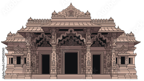 Detailed facade of a magnificent ancient Hindu temple featuring intricate stone carvings of deities and symbols on its pillars and entrance.