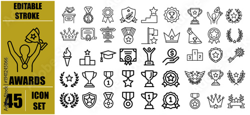 Awards icon set. Containing trophy, winner, medal, winner prize, success, best, reward, champion, star, certificate, badge and more. Editable line icons. Vector illustration.