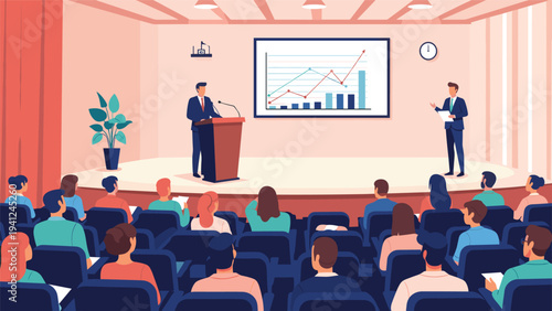 Business professional gives a presentation on a stage with a large screen showing data charts to an audience seated in a large auditorium.