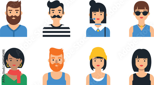 Stylish People Avatar Collection with Men and Women Characters Featuring Modern Hairstyles, Accessories, and Fashion Looks for User Profile Icons.