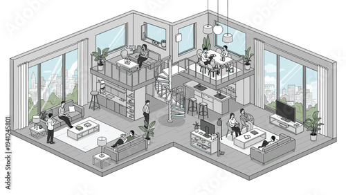 Modern multi-level loft apartment features people relaxing in living areas, dining at a table, and using a spiral staircase in an open plan.