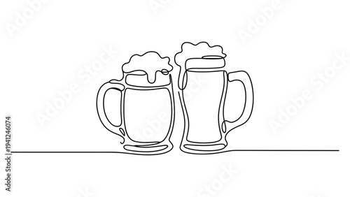  continuous one line drawing of beer mugs with foam minimalist outline illustration representing celebration drink bar pub festival beverage concept modern single line art isolated
