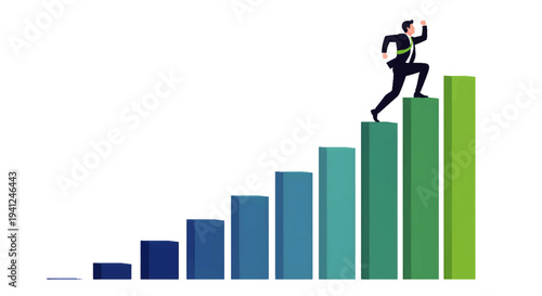 A business person ascending a rising bar chart representing growth and success in career advancement and financial progress