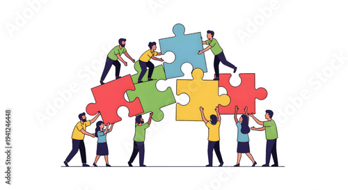 Diverse team members collaboratively assemble a complex puzzle, illustrating the power of unity, strategic cooperation, and collective problem-solving in achieving common goals and shared vision