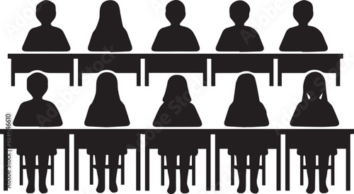 Group of students sitting at desks vector silhouette illustration, people in classroom