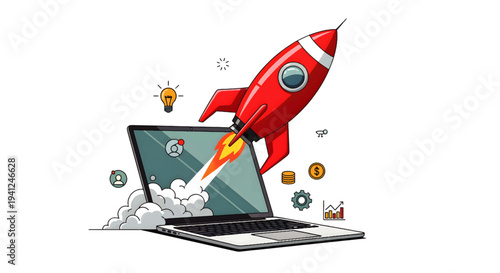 Red rocket launching from a laptop symbolizing startup, innovation, and new beginnings in technology and business