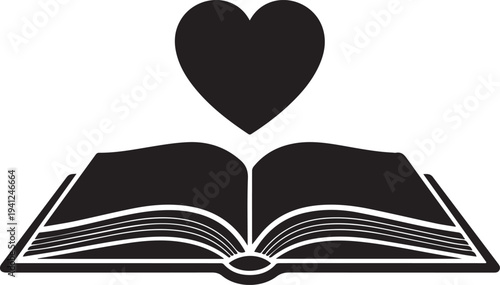 Open book with heart vector illustration line art silhouette of love for reading