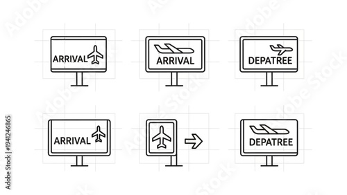 Airport signs with arrival and departure icons in monochrome style