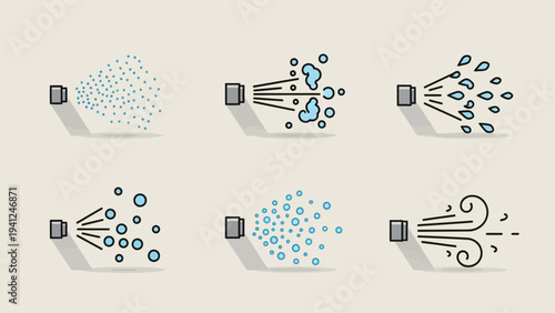 Sprays of various substances with illustrated effects against a neutral background