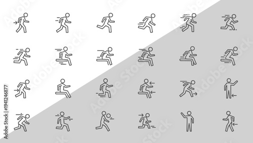 Set of minimalist line art figures demonstrating various actions and poses