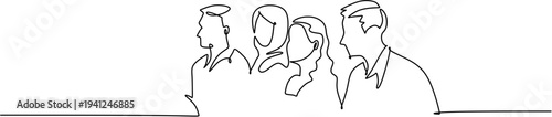 Continuous line drawing of a group of diverse people or professional team standing together.