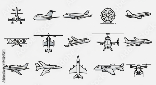 Collection of Various Airplane and Aircraft Line Art Illustrations.