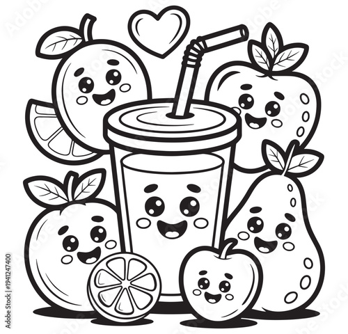 Happy cartoon fruits and glass of juice with straw, heart shape, black and white line art.
