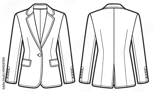 Front and back view of a tailored women's business blazer with button detail