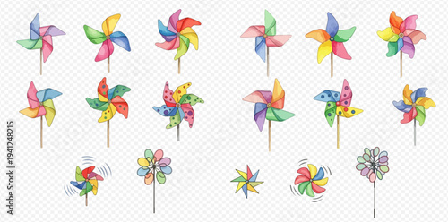 Watercolor collection of colorful pinwheels, hand-drawn illustrations of spinning toys, and decorative windmills on a transparent background.