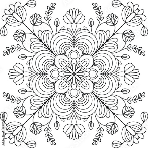 Intricate floral mandala coloring page outline