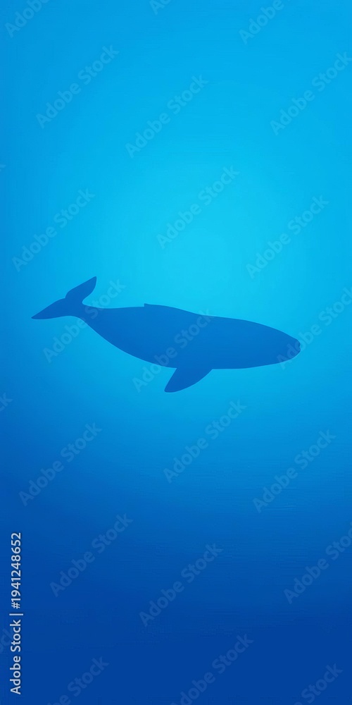 Fototapeta premium Blue whale silhouette blends with soft blue background, gentle curves and wavy lines create soothing visual effect, humpback whale, aquatic