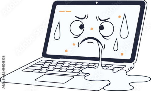 Sad Laptop Computer Melting with Water Droplets on Screen, Showing Distress, Liquid Spill, Modern Technology, and Frustration