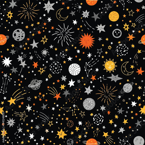 Celestial elements pattern with stars, planets, and galaxies in a cosmic space scene from a distant viewpoint