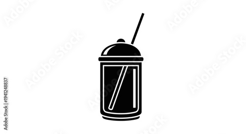 Black and white icon of a disposable cup with a straw, simple vector illustration