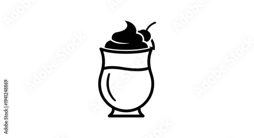 Black and white icon of a milkshake with whipped cream and cherry