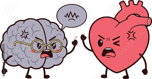 Anthropomorphic brain and heart arguing, emotional conflict illustration, cartoon characters with angry facial expressions, digital art of personified organs, vibrant vector graphics