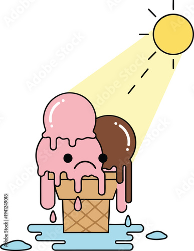 Vibrant illustration of a sad, two-scoop ice cream cone rapidly melting under a scorching summer sun, symbolizing the intense heat and the swift demise of a refreshing dessert