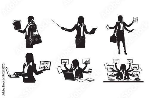 Businesswoman multitasking with multiple arms handling tasks like calls, presentations and computer work with documents and coffee in office setting vector silhouette